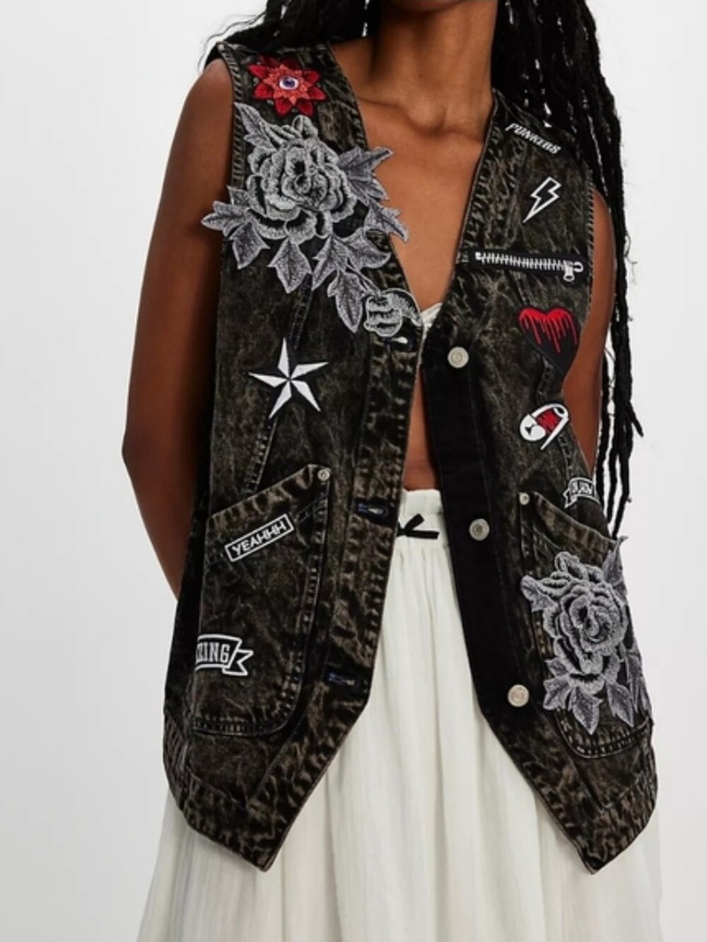 Free People x Tricia Fix Punk Patch Acid Wash Denim Vest Roses Size M